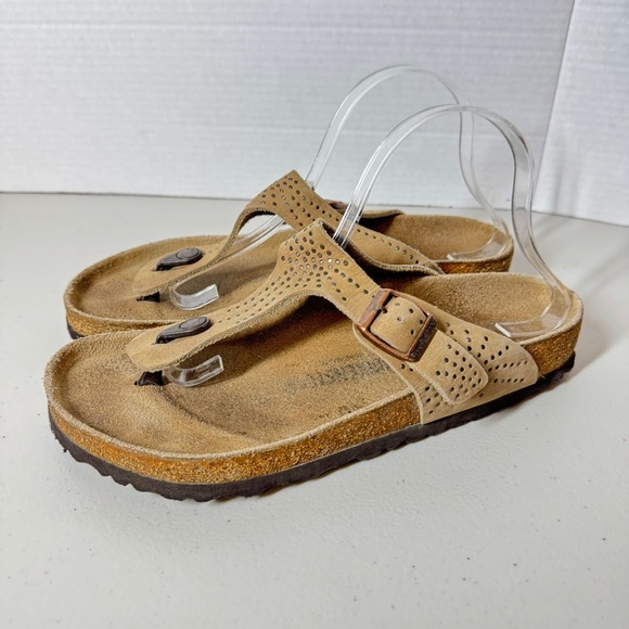 Birkenstock Gizeh Sandals Tan Suede Size 42 Studded Thong Comfort Summer Casual - Picture 15 of 16